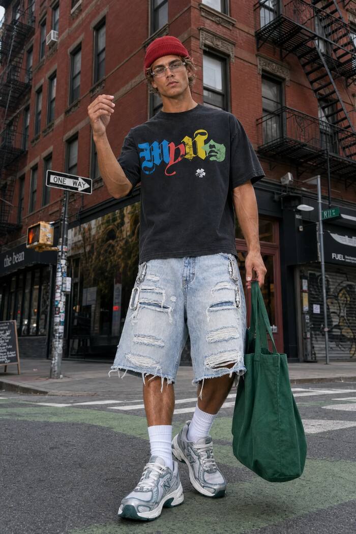 The same shorts worn on a city street corner in front of a brick building, the model carrying a green tote bag.