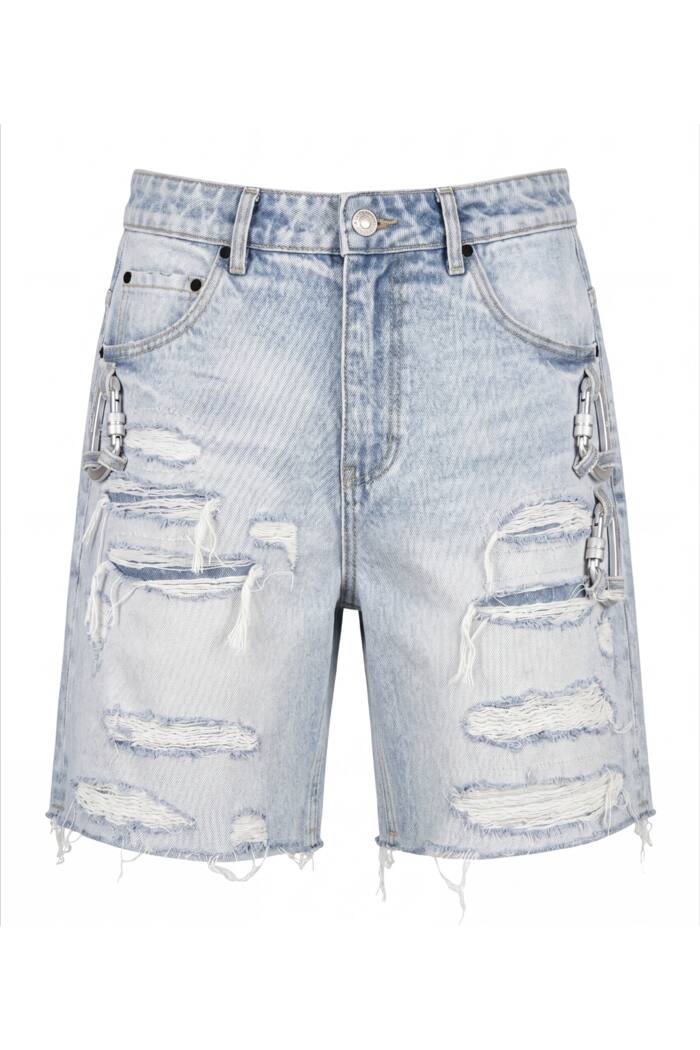 The denim shorts on a plain white background with no model or dress form, holding the shape of a body.